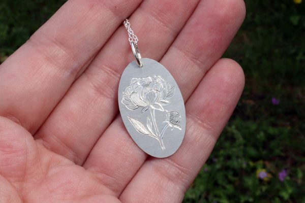 Hand Engraved Peony Necklace